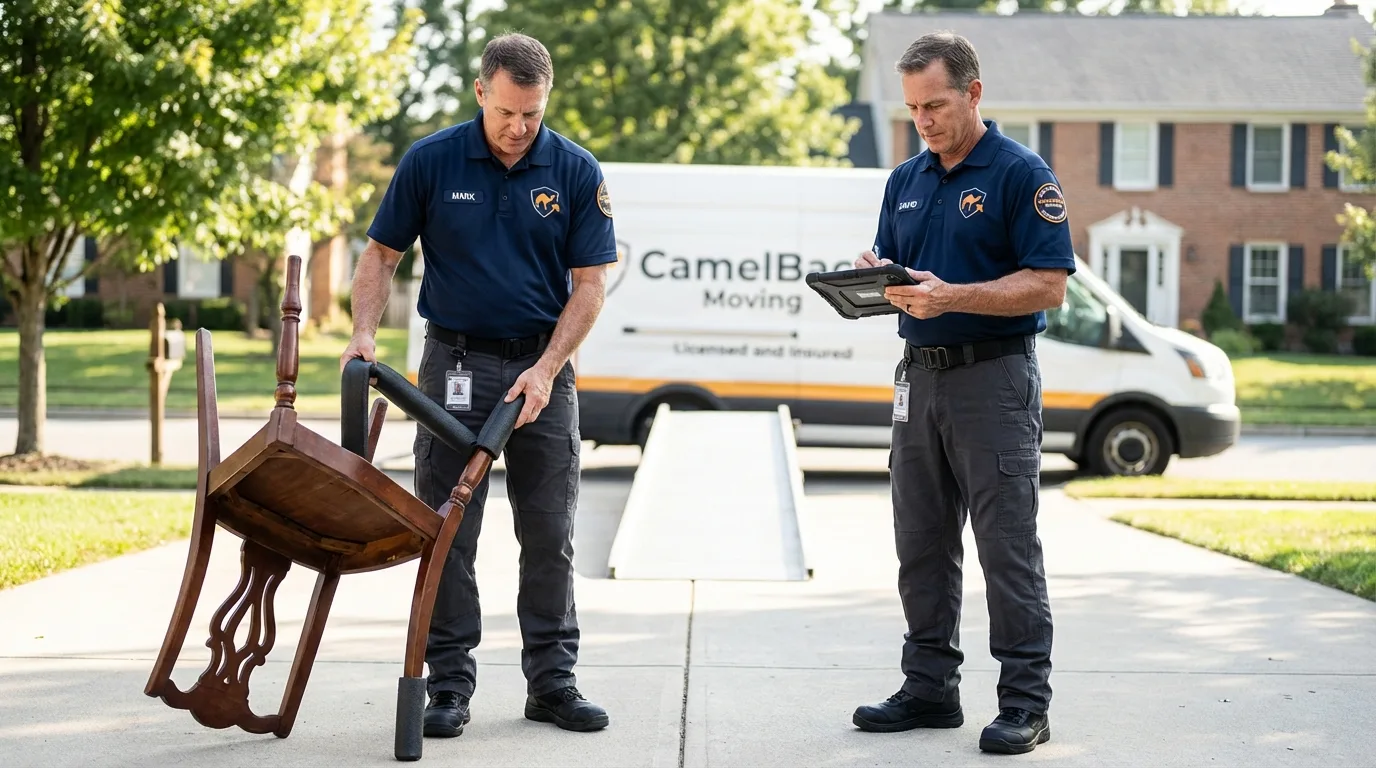 Movers inspecting furniture for damage prevention before loading in North Kingstown, RI