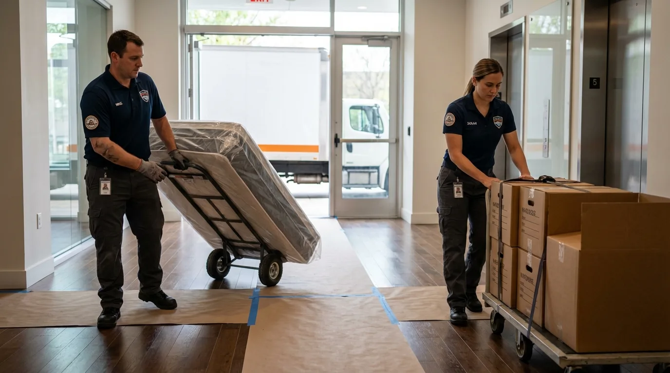 Professional apartment movers loading elevator in North Kingstown, RI