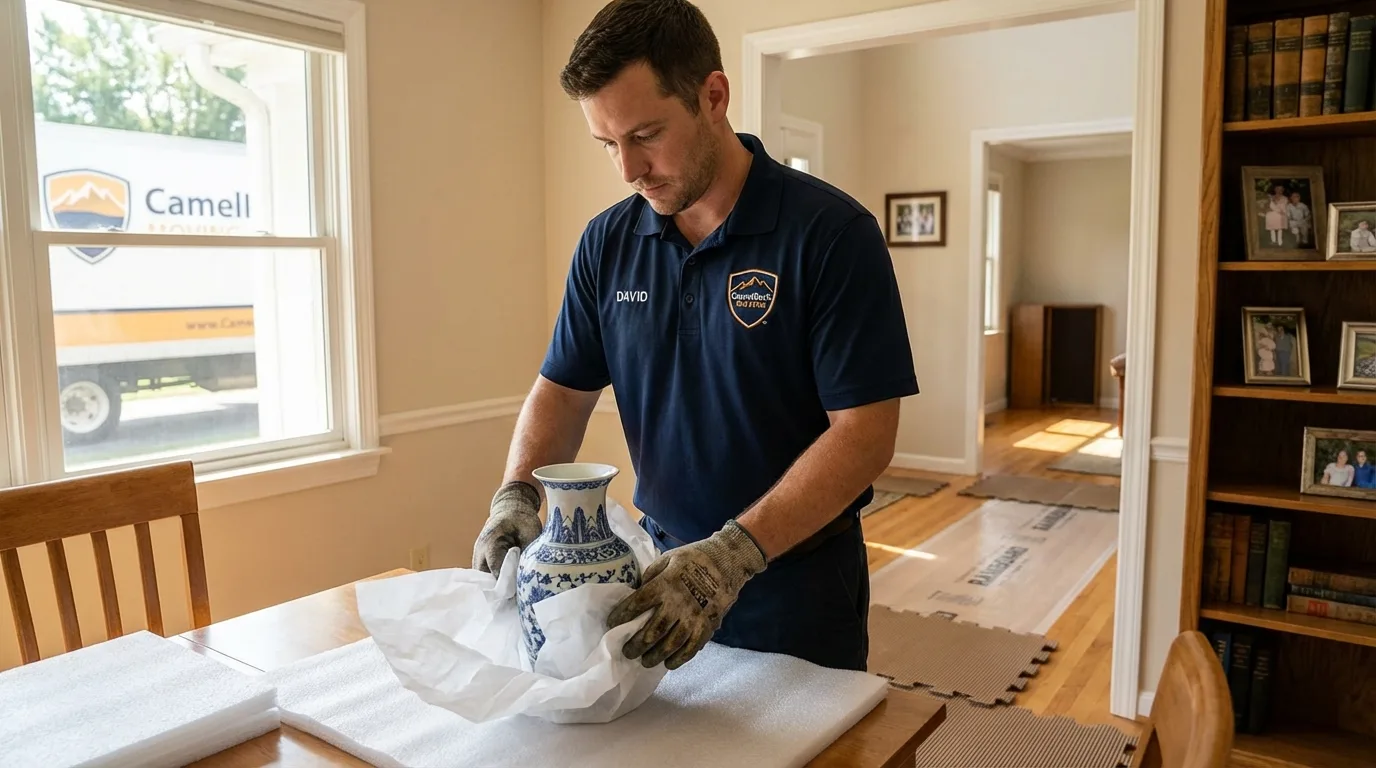Professional crew carefully wrapping antique vase for senior downsizing move in North Kingstown, RI