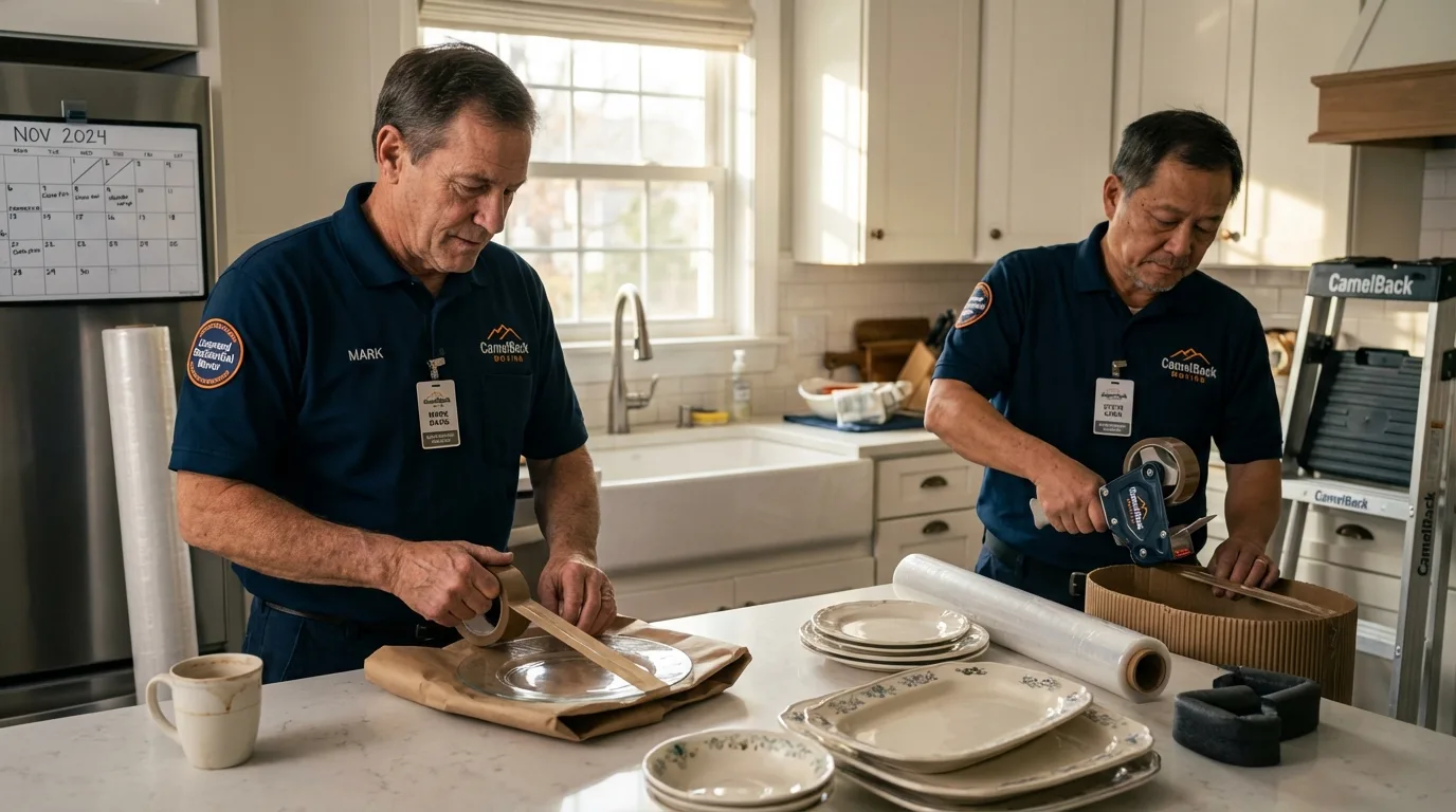 Professional crew packing kitchen dishware in North Kingstown, RI